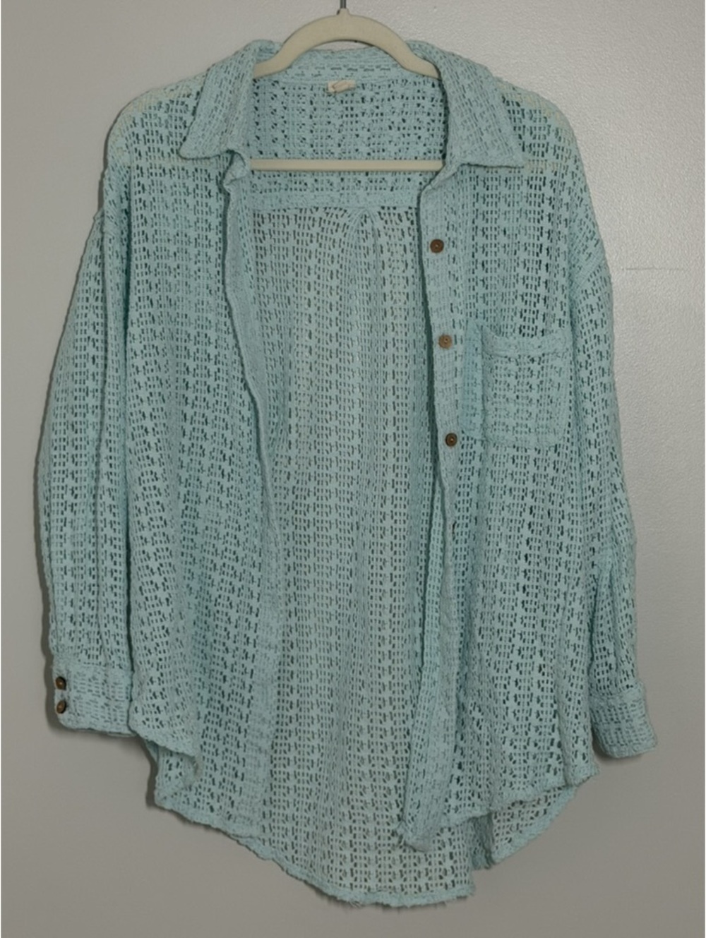 Surf Gypsy Aqua Blue Crochet Button Down Beach Cover Up Shirt Size S